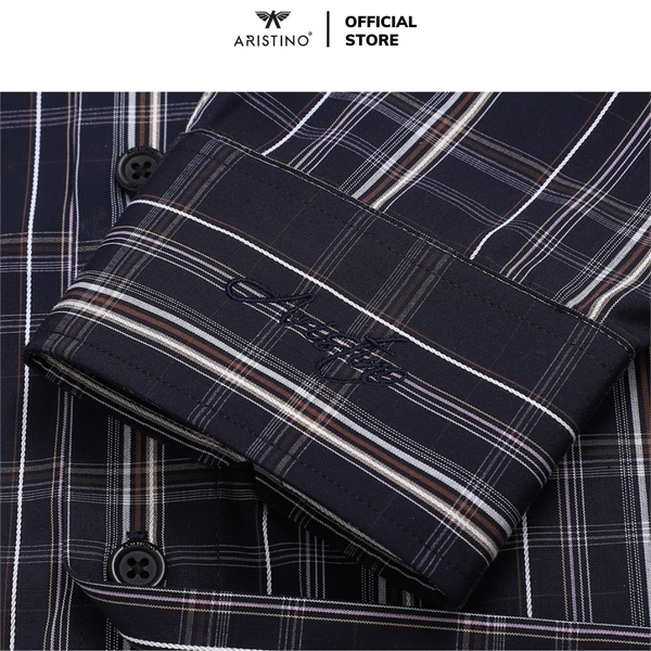 Áo Sơ Mi Nam Dài Tay Aristino ALS38502 màu xanh tím than kẻ caro dáng suông regular fit tà lượn có túi ngực chất liệu sợi tre