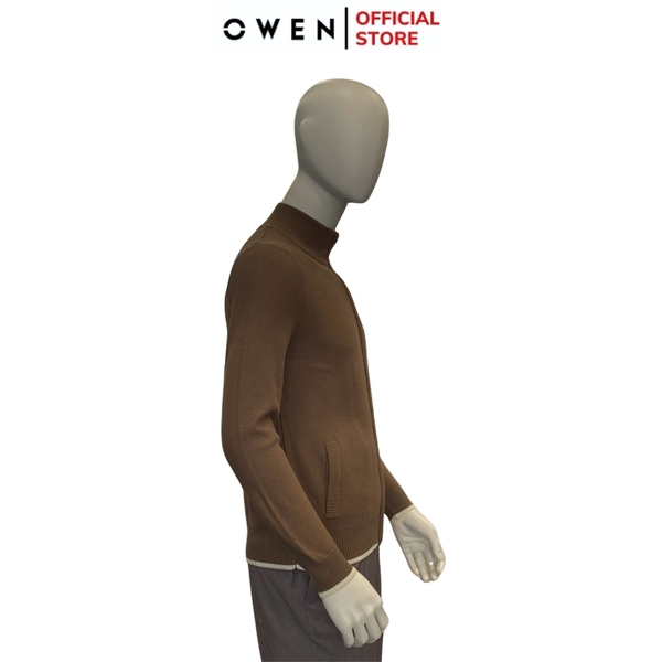 Áo len nam owen ALK241277 áo khoác len màu nâu dáng suông regular fit cổ 3 phân khóa kéo hai túi bo tay gấu chât liệu acrylic cotton