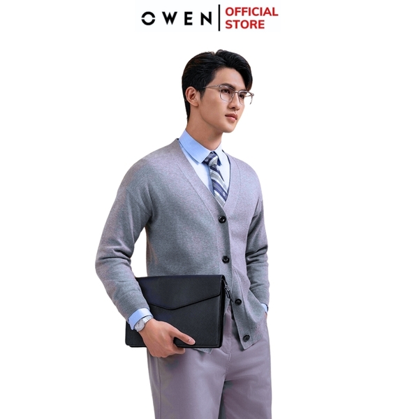 Áo len nam owen ALD241279 màu xám cài cúc dáng suông regular fit cổ V chất liệu Acrylic