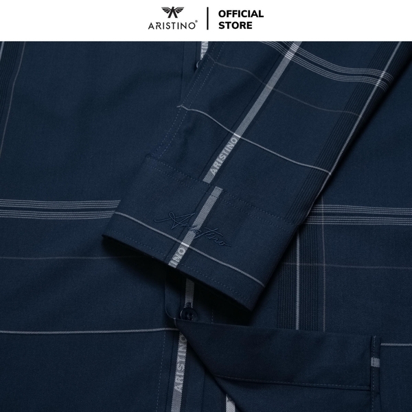 Áo Sơ Mi Nam Dài Tay Aristino ALS2150Z màu xanh tím than kẻ dáng ôm slim fit tà lượn không túi chất liệu sợi tre