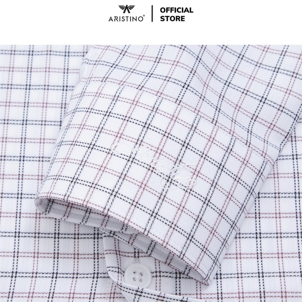 Áo Sơ Mi Nam Dài Tay Aristino ALS09102 màu trắng nâu dệt dobby dáng suông regular fit tà lượn có túi ngực chất liệu polyester