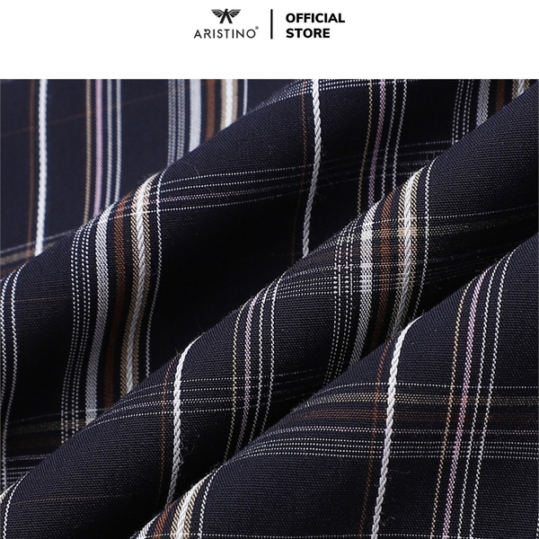 Áo Sơ Mi Nam Dài Tay Aristino ALS38502 màu xanh tím than kẻ caro dáng suông regular fit tà lượn có túi ngực chất liệu sợi tre