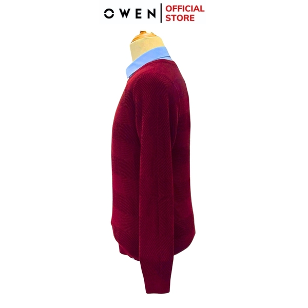 Áo len nam owen ALC241295 màu đỏ vân sọc chìm dáng suông regular fit cổ 3 phân chất liệu Acrylic