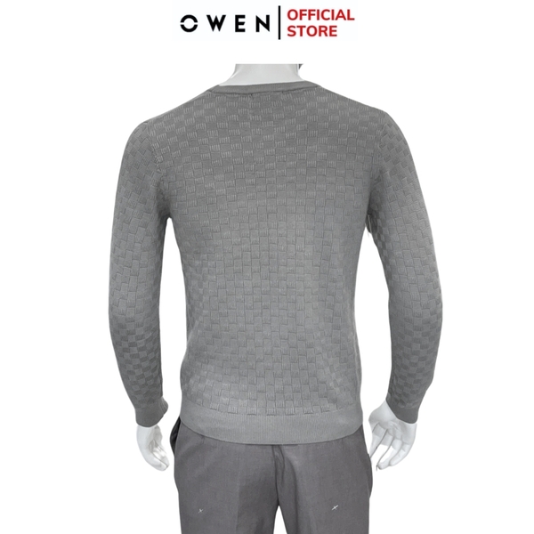 Áo len nam owen ALC241290 màu xám nhạt họa tiết dáng suông regular fit cổ tròn bo tay gấu chât liệu acrylic cotton