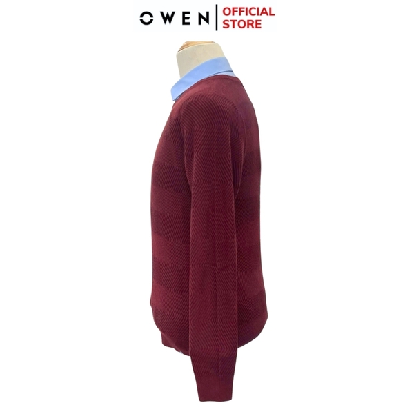 Áo len nam owen ALC241294 màu đỏ kẻ đen ngang dáng suông regular fit cổ tròn chất liệu Acrylic