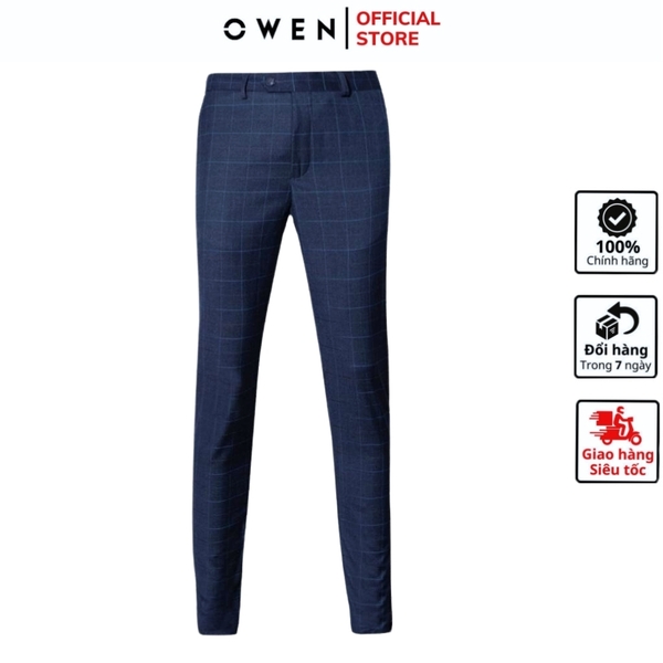 Quần tây nam owen QS23444 Màu navy kẻ xanh Dáng Slim Fit Vải Polyester