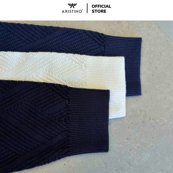 Áo len nam Aristino AWOU08BZ Màu Trắng 6 jacquard họa tiết, Xanh Tím Than 158 jacquard họa tiết, Xanh Tím Than 25 jacquard họa tiết