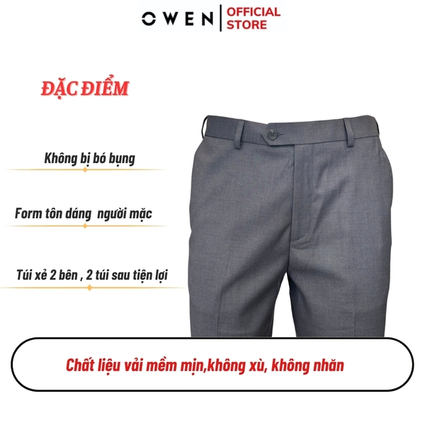 Quần Tây Nam Owen QRT242471R Màu xám nhạt trơn dáng suông regular fit cạp tăng đơ vải TR Spandex