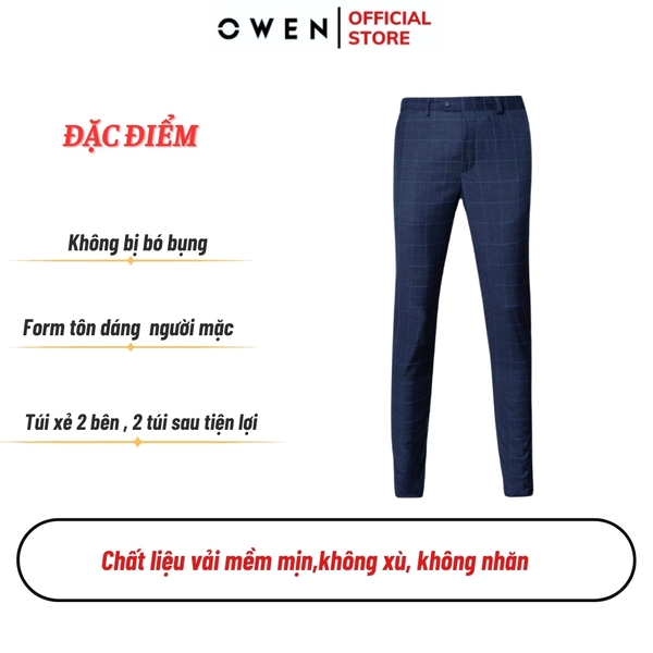 Quần tây nam owen QS23444 Màu navy kẻ xanh Dáng Slim Fit Vải Polyester