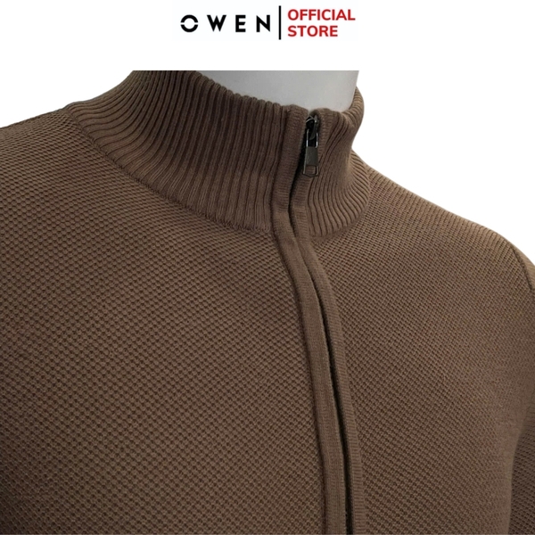 Áo len nam owen ALK241277 áo khoác len màu nâu dáng suông regular fit cổ 3 phân khóa kéo hai túi bo tay gấu chât liệu acrylic cotton