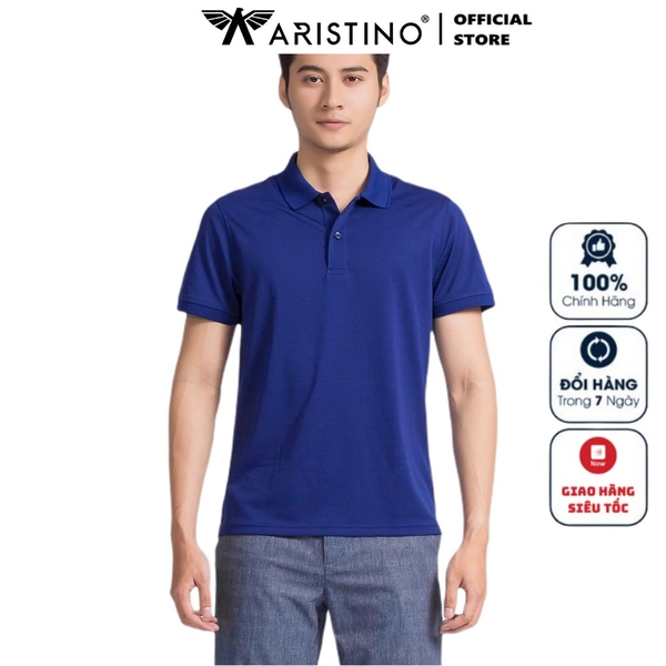 Áo Thun Nam Tay Ngắn Có Cổ Aristino APS035S9 Màu Xanh Tím Than 50 Kẻ Jacquard Dáng Regular Fit Vải Polyester