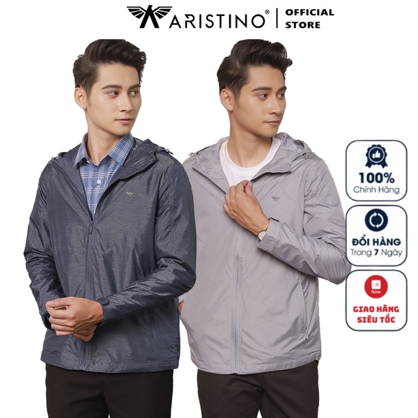 Áo khoác gió Aristino AJK004W9 dáng Regular fit mũ liền màu Xám