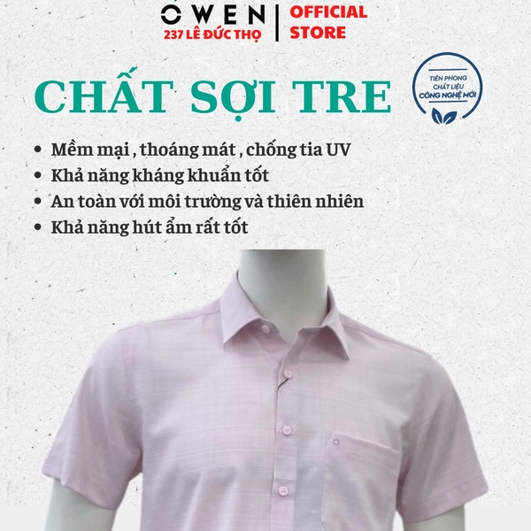 Áo sơ mi nam tay ngắn Owen AF260109NT màu hồng dáng suông Plus size tà lượn có túi chất liệu Bamboo polyester