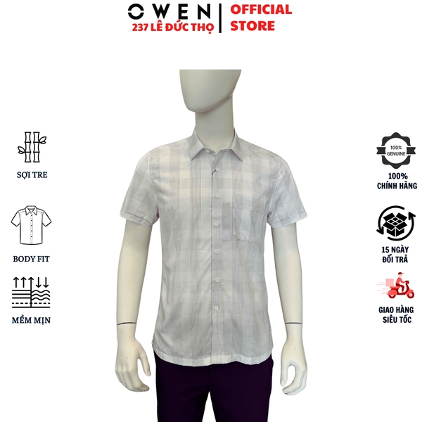 Áo sơ mi nam tay ngắn Owen AB250456NT màu trắng caro xám dáng suông body fit tà bằng có túi chất liệu Bamboo