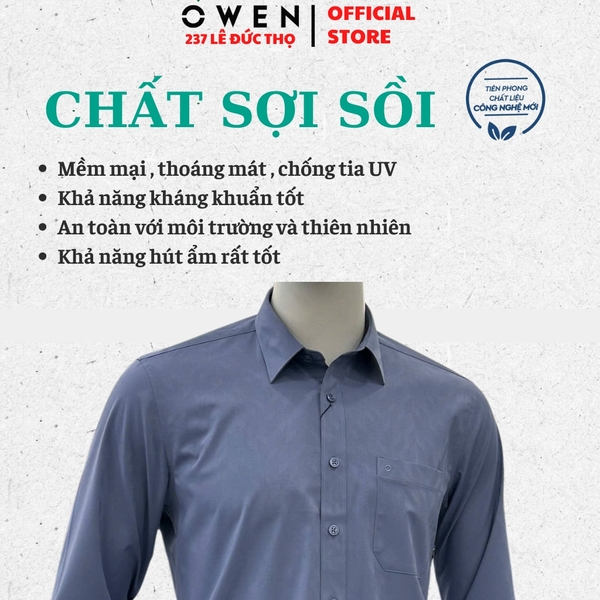 Áo sơ mi nam tay dài Owen AR255008DT màu xanh đậm dáng suông regular fit tà lượn có túi chất liệu sợi sồi