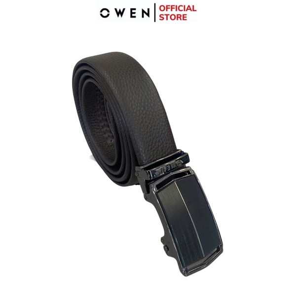 Thắt Lưng Nam Owen BELT233286 dây da màu nâu Mặt Khóa Trượt Tự Động màu đen Chất Liệu Da Bò Thật