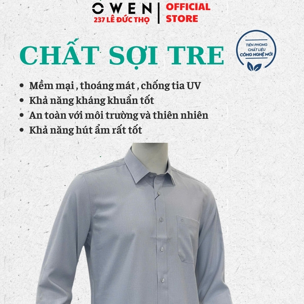 Áo sơ mi nam tay dài Owen AR255047DT màu xám nhạt kẻ caro dáng suông regular fit tà lượn có túi chất liệu Bamboo