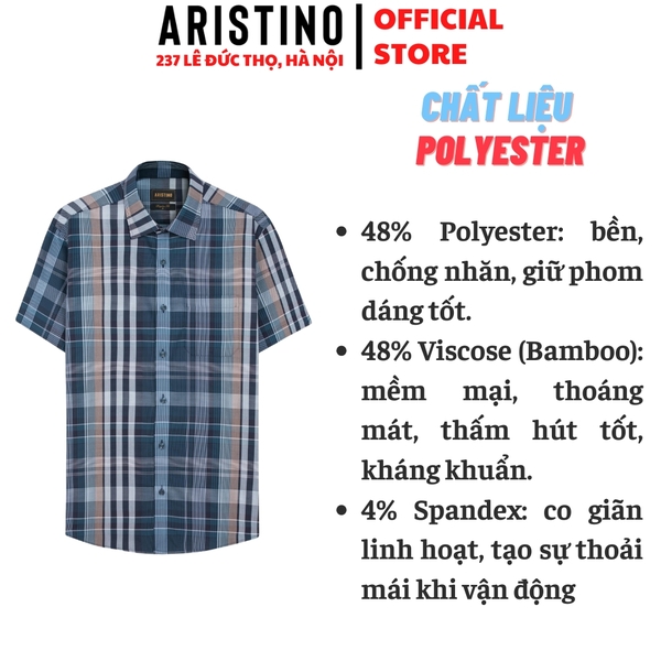 Áo Sơ Mi Nam Ngắn Tay Aristino ASS078AS3 màu xanh cổ vịt kẻ