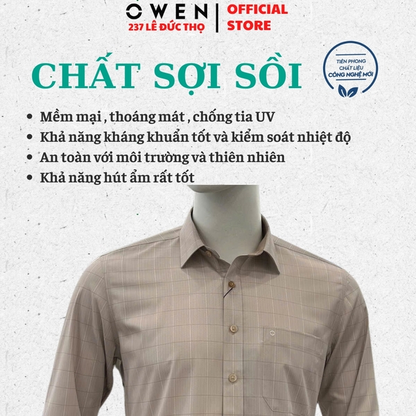 Áo sơ mi nam tay dài Owen AR255003DT màu be kẻ caro dáng suông regular fit tà lượn có túi chất liệu sợi sồi