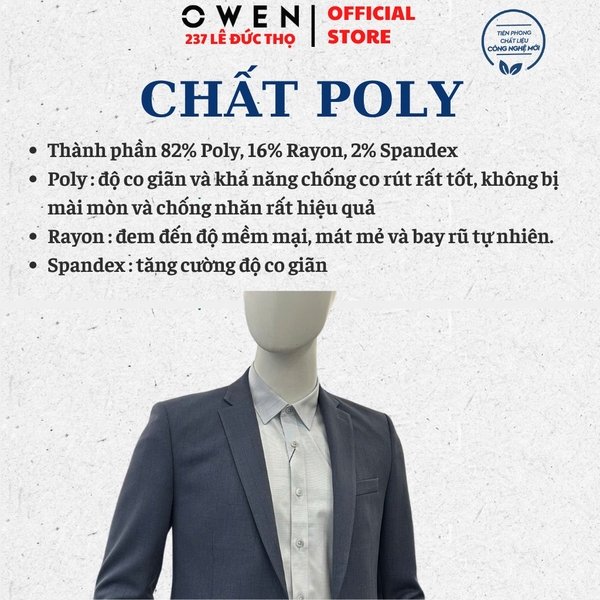 Ves bộ OWEN VES256131 màu xanh đậm dáng ôm slim fit 1 cúc tà xẻ sau Chất liệu Polyester Rayon