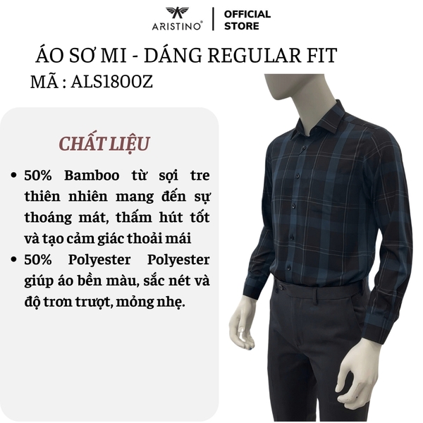 Áo Sơ Mi Nam Dài Tay Aristino ALS1800Z màu đen kẻ xanh dáng suông vừa regular fit tà lượn