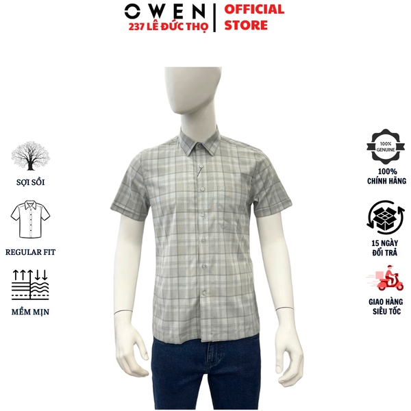 Áo sơ mi nam tay ngắn Owen AB250371NT màu xanh lá nhạt kẻ caro dáng suông body fit tà bằng có túi chất liệu bamboo spandex