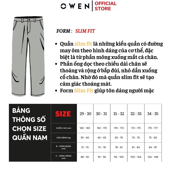 Quần Kaki Nam Owen QKS241326 màu xám đậm dáng ôm slim fit 2 cạp chất liệu poly recycled (Renu)