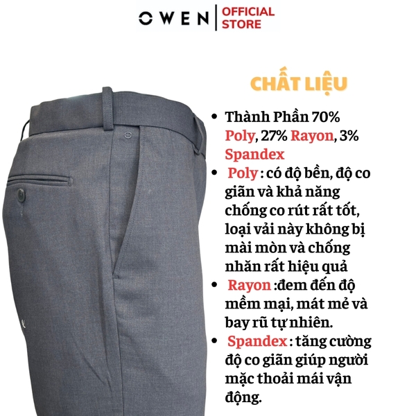 Quần Tây Nam Owen QRT242471R Màu xám nhạt trơn dáng suông regular fit cạp tăng đơ vải TR Spandex