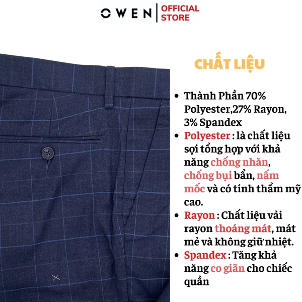 Quần tây nam owen QS23444 Màu navy kẻ xanh Dáng Slim Fit Vải Polyester