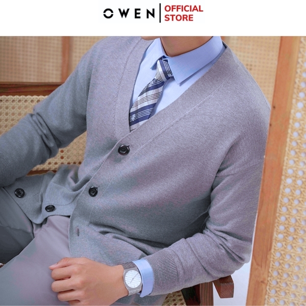 Áo len nam owen ALD241279 màu xám cài cúc dáng suông regular fit cổ V chất liệu Acrylic