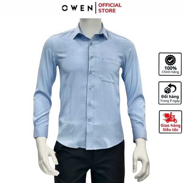 Áo Sơ Mi Nam Tay Dài Owen AR240617DT màu xanh dương kẻ chìm dáng suông regular fit tà lượn có túi chất liệu Nano