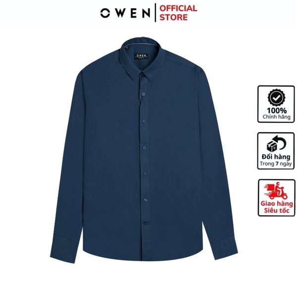 Áo Sơ Mi Nam Tay Dài Owen AR240610D màu xanh đậm trơn dáng suông regular fit tà lượn không túi chất liệu polyester