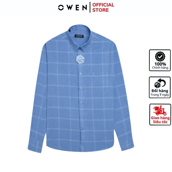 Áo Sơ Mi Nam Tay Dài Owen AR240623DT màu xanh dương caro trắng dáng suông regular fit tà lượn có túi chất liệu Nano