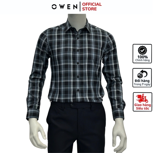 Áo Sơ Mi Nam Tay Dài Owen AS240513D màu đen kẻ caro trắng dáng ôm slim fit tà lượn không túi chất liệu bambo poly