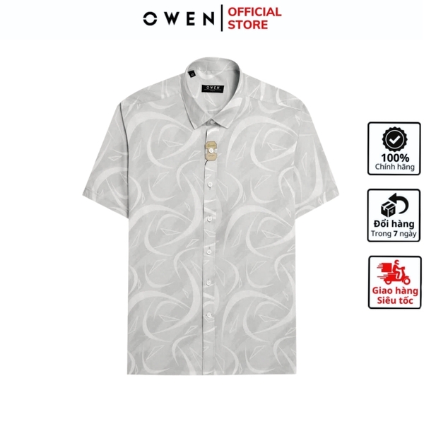 Áo Sơ Mi Nam Tay Ngắn Owen AB250123N màu xám họa tiết dáng suông body fit tà bằng không túi Chất liệu Bambo poly