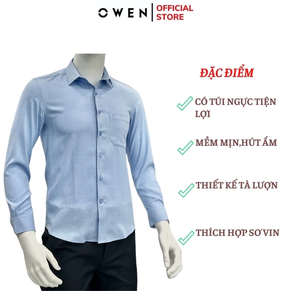 Áo Sơ Mi Nam Tay Dài Owen AR240617DT màu xanh dương kẻ chìm dáng suông regular fit tà lượn có túi chất liệu Nano