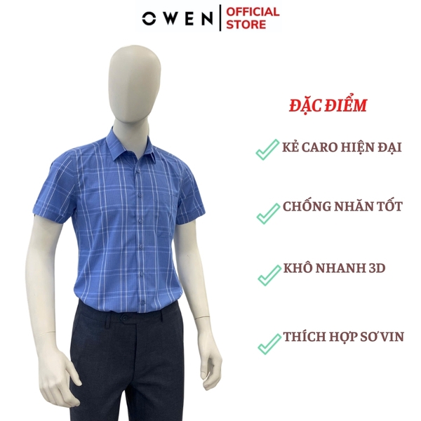 Áo Sơ Mi Nam Tay Ngắn Owen AB250064NT màu xanh dương kẻ caro dáng suông body fit tà bằng có túi Chất liệu Bambo poly