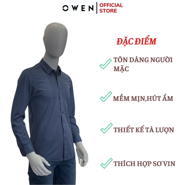 Áo Sơ Mi Nam Tay Dài Owen AR240610D màu xanh đậm trơn dáng suông regular fit tà lượn không túi chất liệu polyester