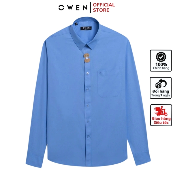 Áo Sơ Mi Nam Tay Dài Owen AR240580DT màu xanh dương dáng suông regular fit tà lượng có túi Chất liệu Bambo poly