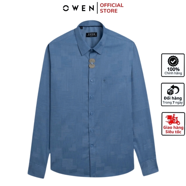 Áo Sơ Mi Nam Tay Dài Owen AR240574DT màu xanh đậm họa tiết dáng suông regular fit tà lượn có túi chất liệu modal poly