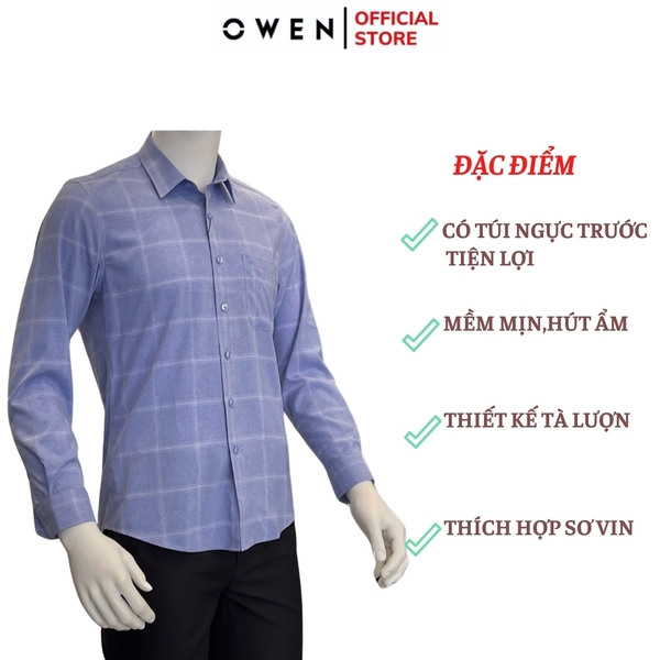 Áo Sơ Mi Nam Tay Dài Owen AR240623DT màu xanh dương caro trắng dáng suông regular fit tà lượn có túi chất liệu Nano
