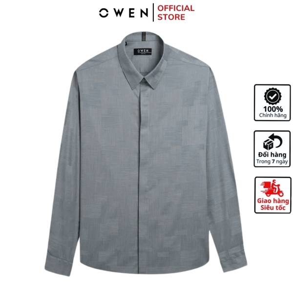 Áo Sơ Mi Nam Tay Dài Owen AS240572D màu xám họa tiết dáng ôm slim fit tà lượn không túi chất liệu modal poly