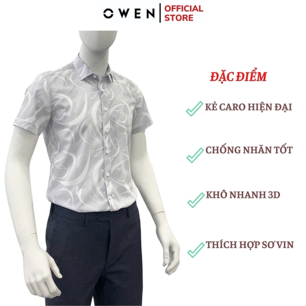 Áo Sơ Mi Nam Tay Ngắn Owen AB250123N màu xám họa tiết dáng suông body fit tà bằng không túi Chất liệu Bambo poly