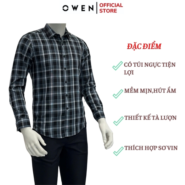 Áo Sơ Mi Nam Tay Dài Owen AS240513D màu đen kẻ caro trắng dáng ôm slim fit tà lượn không túi chất liệu bambo poly