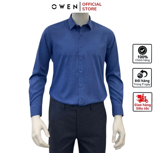 Áo Sơ Mi Nam Tay Dài Owen AS240587D màu xanh đậm dáng ôm slim fit tà lượn không túi chất liệu modal poly