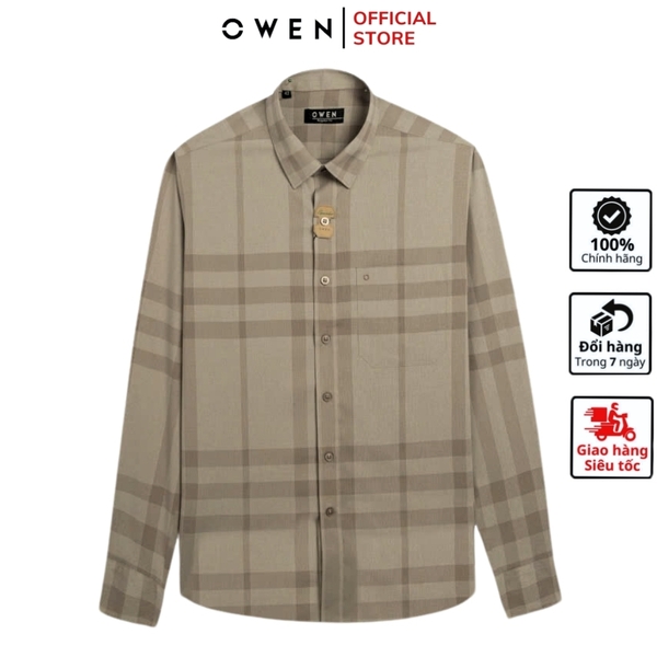 Áo Sơ Mi Nam Tay Dài Owen AR240575DT màu nâu kẻ dáng suông regular fit tà lượn có túi chất liệu modal poly