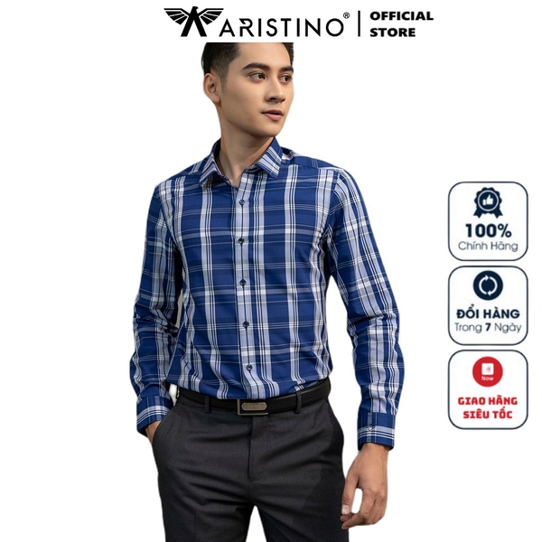 Áo Sơ Mi Nam Tay Dài Aristino ALS02101 Màu Xanh Tím Than Kẻ Trắng Kiểu Dáng Slim Fit Chất Liệu Sợi Sồi