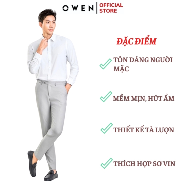 Áo Sơ Mi Trắng Nam Tay Dài Owen AR240301D màu trắng trơn Dáng suông regular fit tà lượn không túi Chất liệu Nano