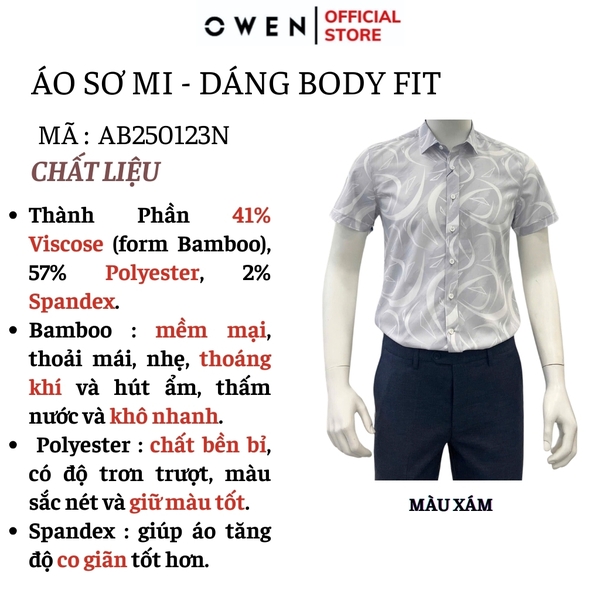 Áo Sơ Mi Nam Tay Ngắn Owen AB250123N màu xám họa tiết dáng suông body fit tà bằng không túi Chất liệu Bambo poly
