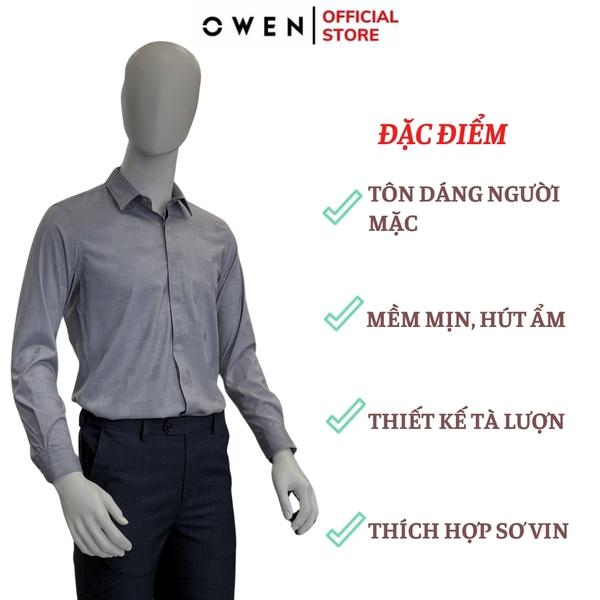 Áo Sơ Mi Nam Tay Dài Owen AS240572D màu xám họa tiết dáng ôm slim fit tà lượn không túi chất liệu modal poly